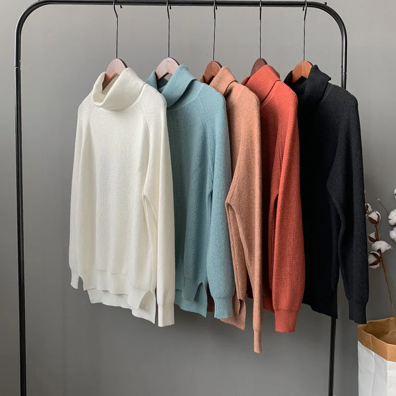 

Women's sweater solid color high collar loose basic design hem split