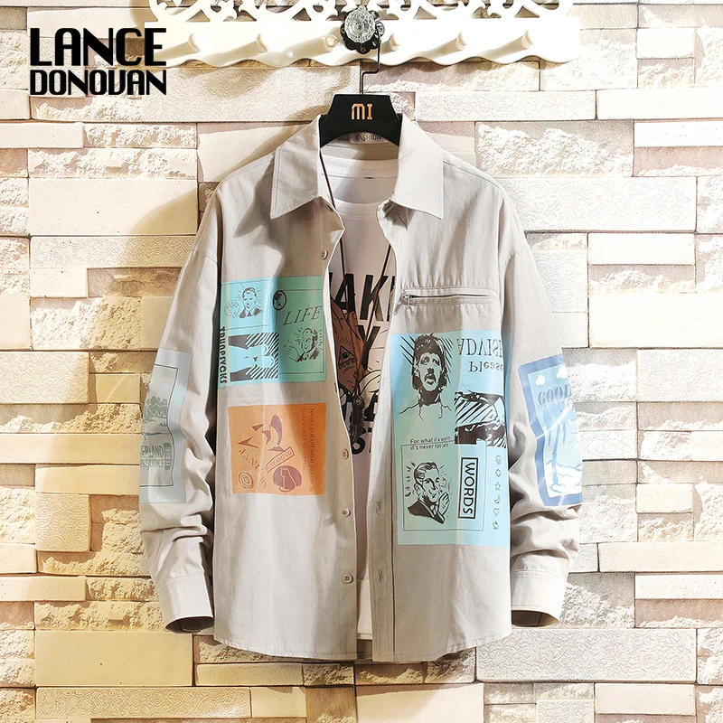 

Japan Style Fashion Long Sleeve Print Casual Men Shirt 2019 For Spring Autumn Clothes