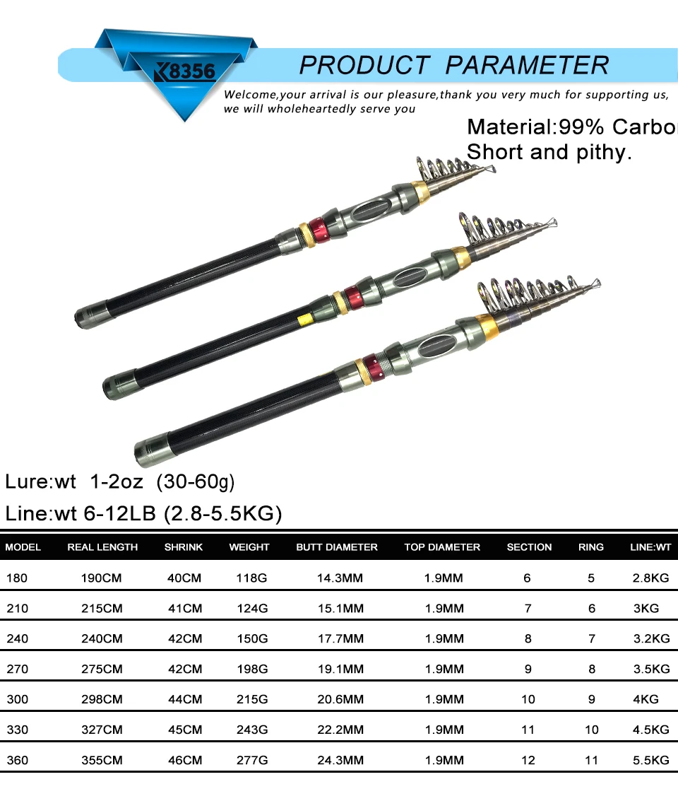 K8356 99% Carbon Portable Telescopic Fishing Rod Spinning Sea Rod Superhard Ocean Rod Fishing Tackle1.82.12.42.73.03.33.6M (1)