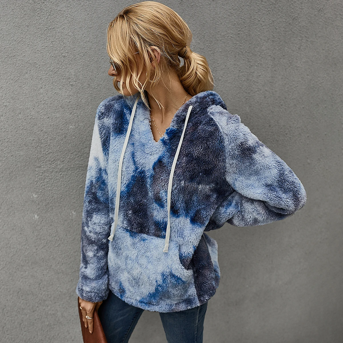 

Jastie Autumn Winter Coat Tie dye Chic Hooded Retro Print Loose Pocket Hoodies Womens Fleece Flannel Pullover Female Sweatshirt