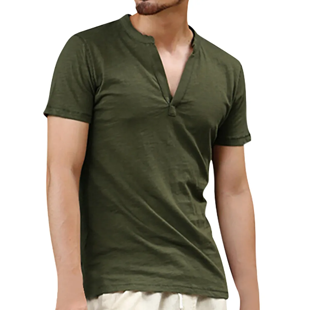 Army Green Модная мужская рубашка с v-образным вырезом, винтажная мешковатая хлопковая льняная Однотонная рубашка с коротким рукавом, ретро Рубашки, Топы, блузки, льняная блузка со стойкой - Цвет: Army Green