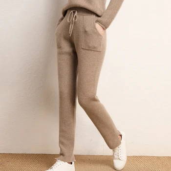 

Women Pants 2020 New Autumn and Winter Soft Comfortable High-Waist 100% Pure Cashmere Knitted Pants Female Elastic 5Color Casual