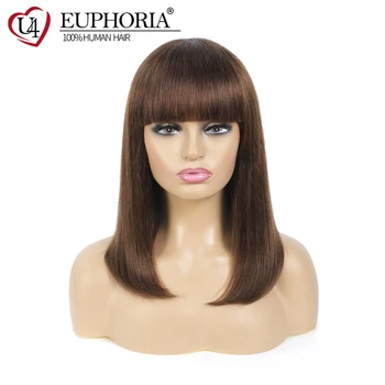 

Middle Brown 4 Color Short Bob Wigs With Bangs Full Machine Made Red 99J 33 Wigs Brazilian Straight Remy Human Hair WigsEUPHORIA