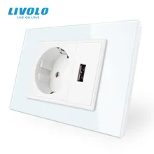 Livolo Two Gang EU Socket & USB socket , White Crystal Glass Panel, AC 110~250V 16A Wall Power Socket, VL-C9C1EU1U-11
