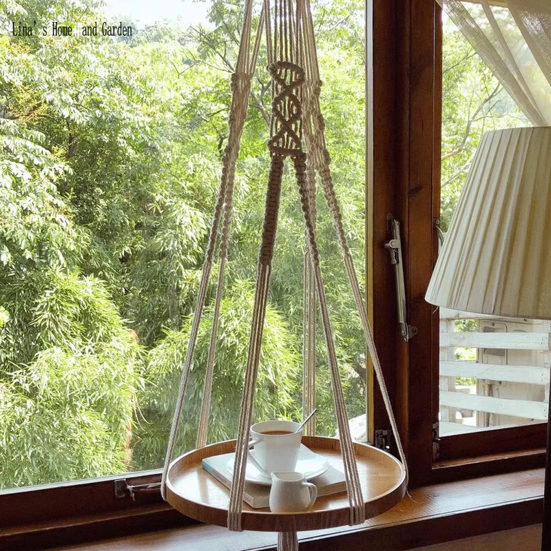 hand woven rope wood hanging plant shelf
