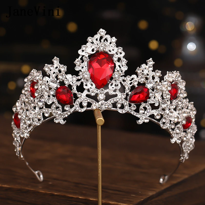 

JaneVini Hot Sale Red Wedding Crowns Bridal Headpiece Vintage Women Baroque Crystal Tiaras Bride Jewelry Hair Accessories Cheap