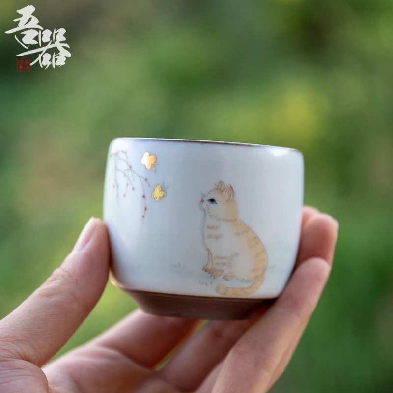 Цзиндэчжэнь Керамическая ручная роспись кошка чайная чашка Ruyao личные зеленые чайные чашки чайный Кувшин стекло