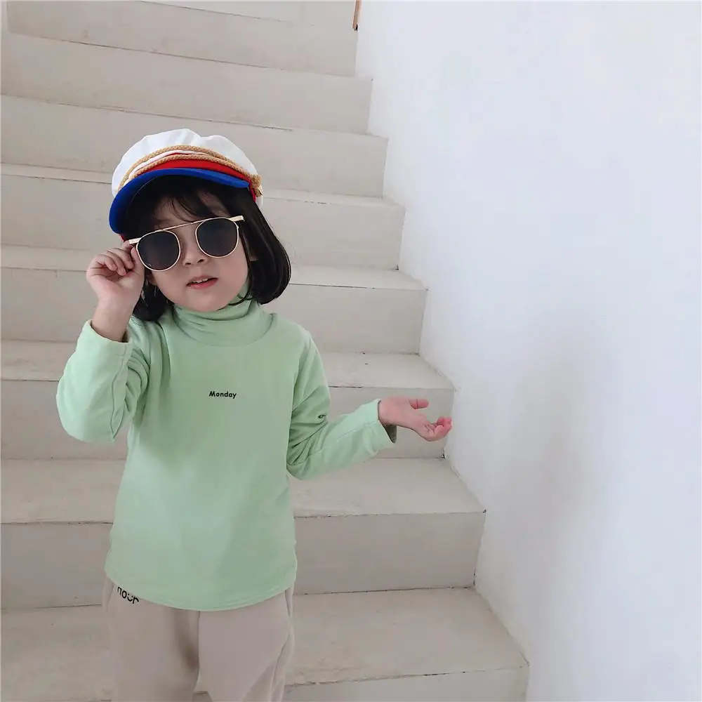 light green Г. Новинка, зимняя хлопковая утепленная футболка в Корейском стиле с высоким воротником и буквенным принтом для милых маленьких девочек и мальчиков - Цвет: light green