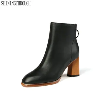 

genuine leather New Arrive Women Ankle Boots Zipper Square High Heel Winter Shoes Women Motorcycle Boots Big Size 34-41