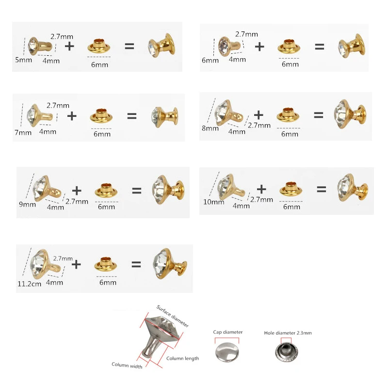 1000 комплектов 5-11 мм с отделкой кристаллами, стразами, заклепками, стразами, заклепками, шпильки DIY, сумка для одежды, кожаные декоративные шипы для перекуса, стеклянные сверла для ногтей