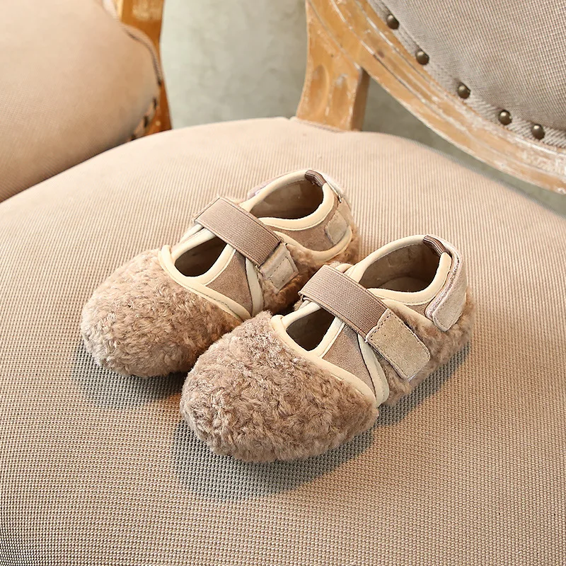 Girls Princess Shoes Kids Fur Shoes Casual Wool Shoes Children's Cotton Flat Shoes Solid Color Hook Loop Children Sneakers 21-37