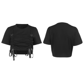 

Gothic Elastic Summer Crop Tops Punk Black Bandage Women Streetwear T-Shirts Skinny Short Sleeve Basic Clothing