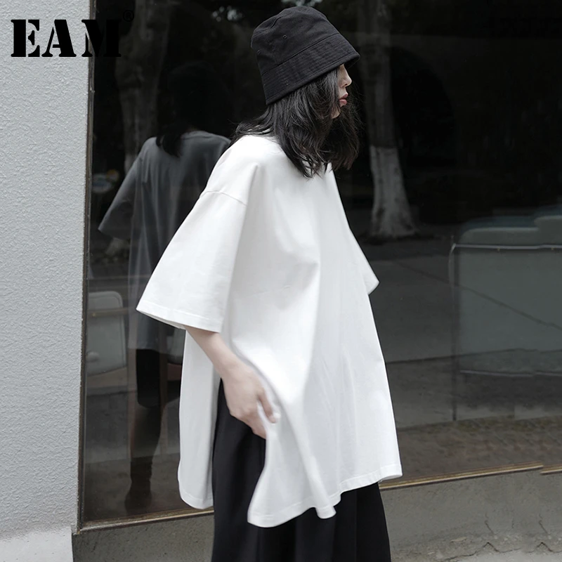 Eam Women White Side Vent Split Joint Big Size T Shirt New Round Neck Half Sleeve Fashion Tide Spring Summer 21 1y5 T Shirts Aliexpress
