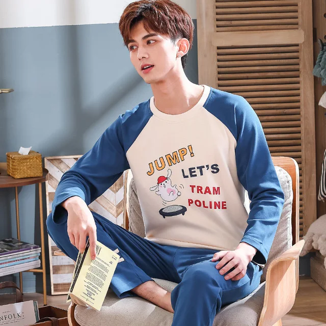 Men's Pajamas set autumn cotton long-sleeved Female cartoon thin Sleepwear spring plus size two-piece suit trousers and top Men's Pajamas set autumn cotton long-sleeved Female cartoon thin Sleepwear spring plus size two-piece suit trousers and top