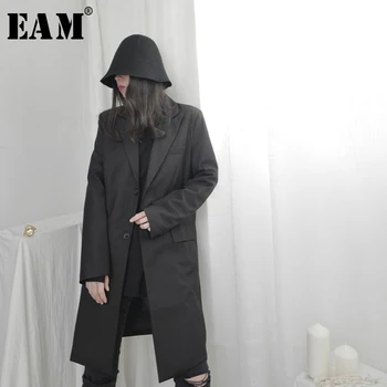 

[EAM] Loose Fit Black Pocket Brief Temperament Long Jacket New Lapel Long Sleeve Women Coat Fashion Tide Spring 2020 1S667