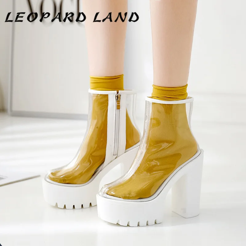 Женские прозрачные сапоги на платформе LEOPARD LAND водонепроницаемые с белой
