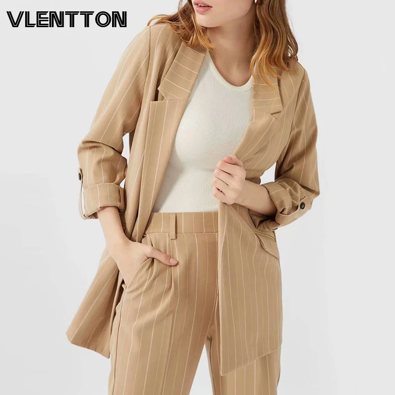 

2020 Spring Autumn Vintage Khaki Stripe Blazer Women Chic Button Suit Jacket Coat Female Outwear Elegant Office Blazers Feminino