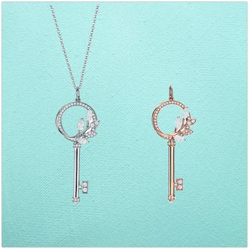 

New ladies sterling silver rose gold key round arabesque leaves set zircon pendant necklace ladies sterling silver necklace