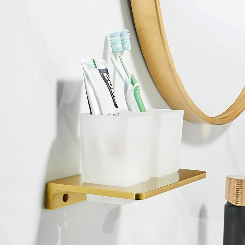 Wall Mounted Toothbrush Holder Set Double Glass Tumbler Brushed Gold Aluminum Bathroom Toothpaste Holder Bathroom Accessories