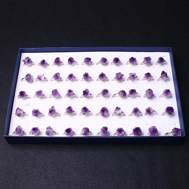 Рейки камень по месяцу рождения минеральное открытое регулируемое кольцо рок сырье натуральные аметисты кольца фиолетовый кристалл кварцевые кольца свадебные ювелирные изделия для женщин