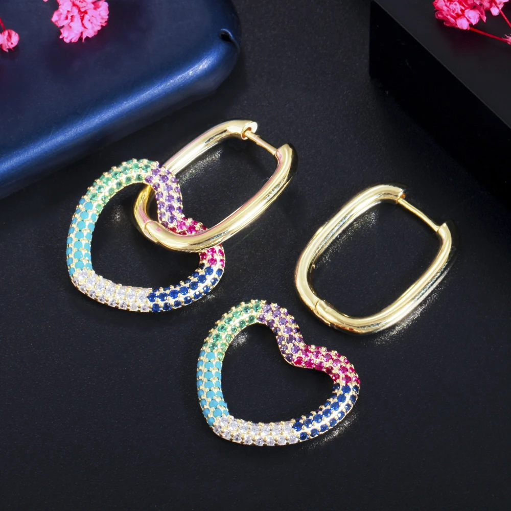 ThreeGraces 1 Pair Fashion Gold Color Multicolor Cubic Zirconia Dangling Love Heart Shape Hoop Earring Women Chic Jewelry ER564