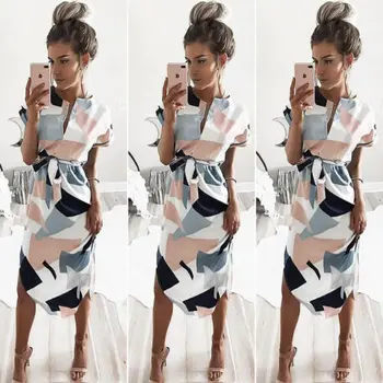 

2019 Summer Midi Dress Women Evening Party Night Beach Geometric Print Dress Sundress Shirt Boho Casual Dress Hot sale