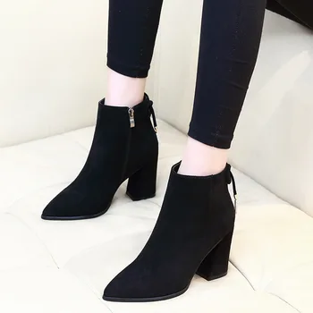 

Elegant Women's Ankle Boots flock Short Boot 2019 Lady 8cm High Heel Wedding Party Formal Dress Shoes England Style CH-A0154
