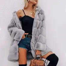 Женские Модные Шубы из искусственного кроличьего меха с карманами и пуговицами, повседневные женские пальто с длинным рукавом из искусственного меха