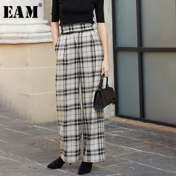 

[EAM] High Waist Plaid Split Joint Long Wide Leg Trousers New Loose Fit Pants Women Fashion Tide Spring Autumn 2020 1N36309