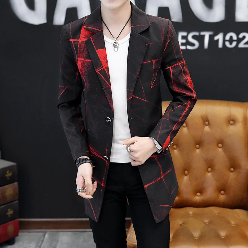 

2020 new medium and long suits, male prints, casual and handsome, suits