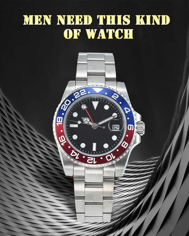 Автоматические часы, новые мужские военные gmt40 мм, стерильные, синее, красное кольцо, сапфировое стекло, часовой механизм 6218