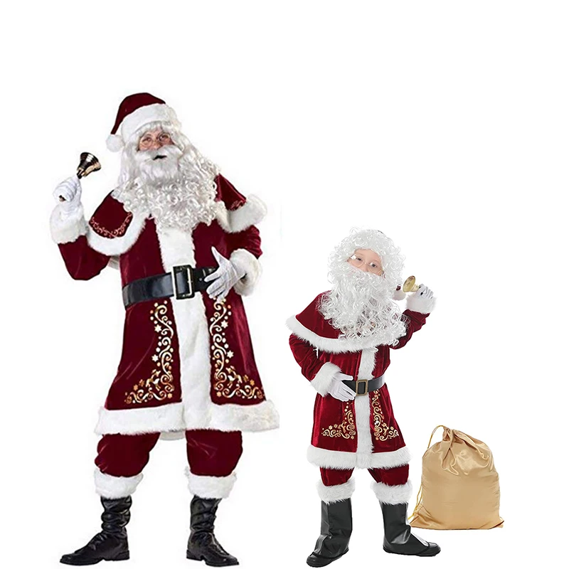Man Santa Claus Suit Adult Christmas Cosplay Costume Red Deluxe Velvet Fancy 8pcs Set Xmas Party Family Costume Outfits cosplay costume santa claus costume
