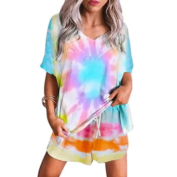 

Womens Pajamas Two Piece Set Casual Tie Dye Short Sleeve Corp Tops T-Shirt Shorts Pjs Sleepwearset Loungewear Clothes for Women