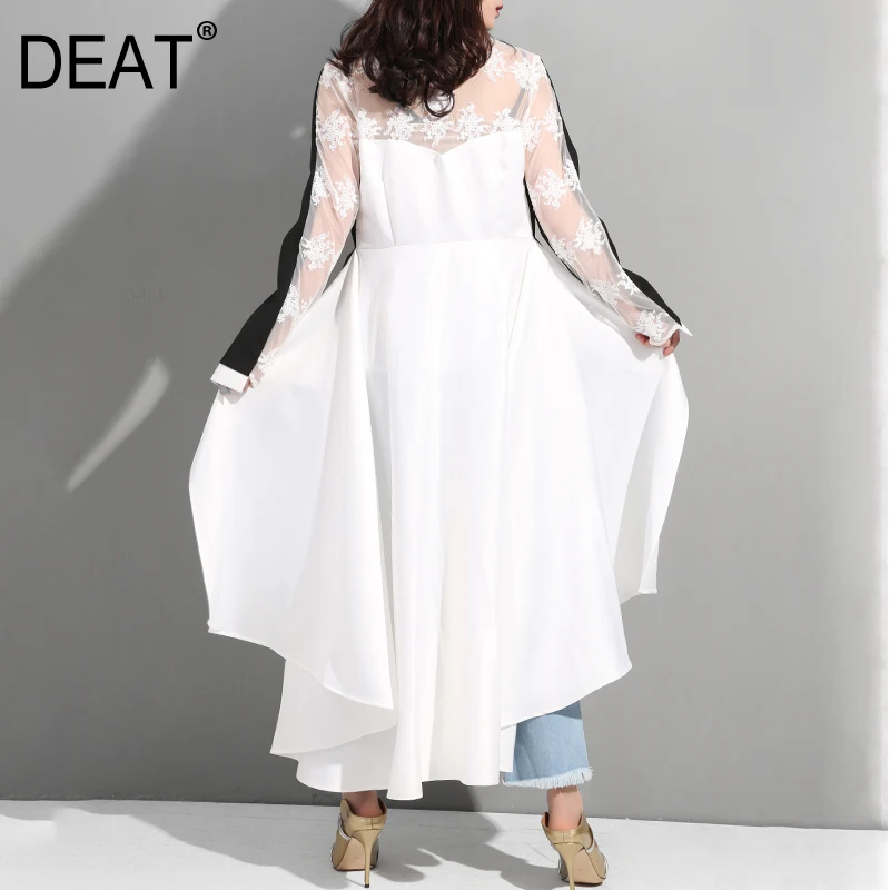

[DEAT] 2020 New Spring Summer Lapel Long Sleeve Black Back Lace Split Joint Back Long Windbreaker Women Trench Fashion Tide JQ95