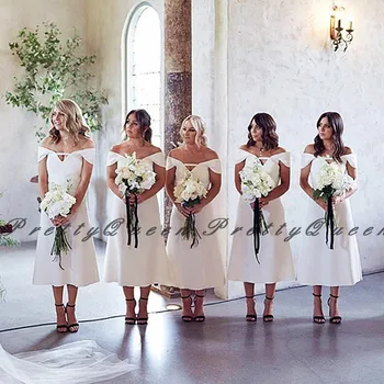

Tea Length White Bridesmaid Dresses 2020 Off Shoulder Long A Line Bohemia Wedding Party Dress Vestido De Fiesta De Boda
