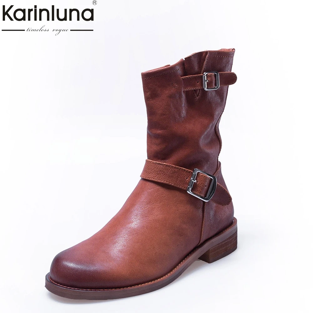 

Women's Brand design big size 43 mid-calf boots women shoes genuine leather sheepskin western boots female shoes woman