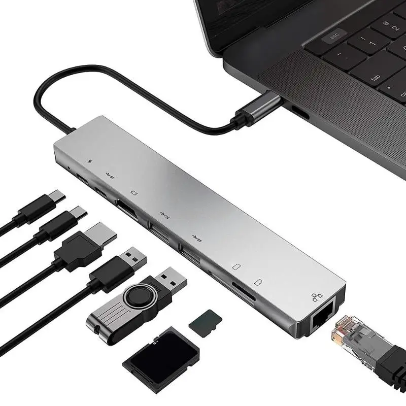 8 в 1 Тип C концентратор HDMI USB3.0 RJ45 10/100M LAN PD флеш карты памяти TF конвертер адаптер для