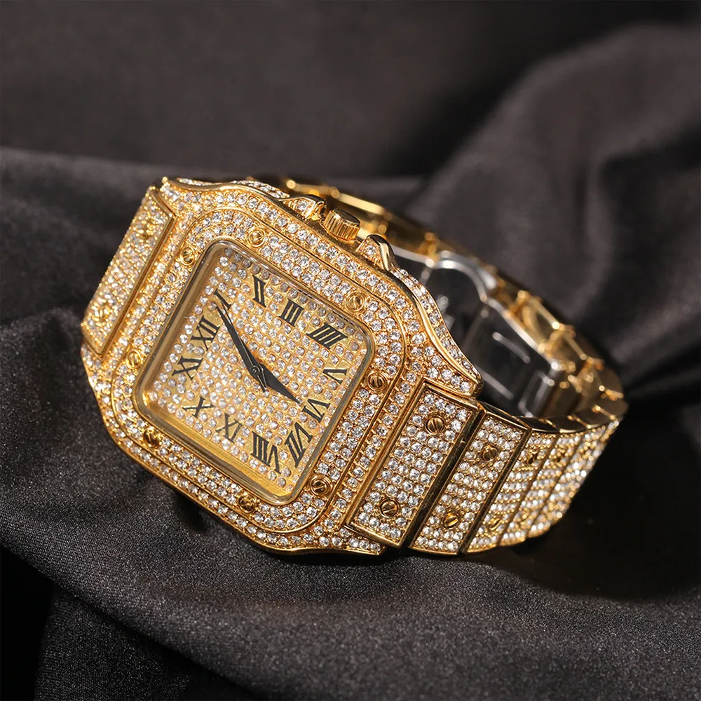 

Watches for Men Luxury Hiphop Iced Out Watches Gold Sliver Rhinestone Quartz Square Wristwatch Relogio Masculino Groomsmen Gifts