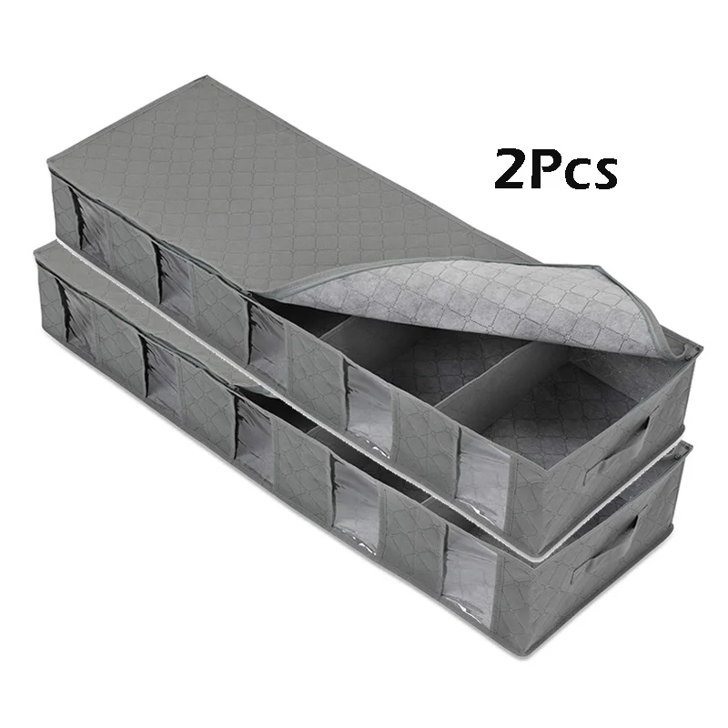 2Pcs Large Storage Bag Box Grey Fabric Under Bed Quilt Clothes Dustproof with Handles Home Organization | Дом и сад
