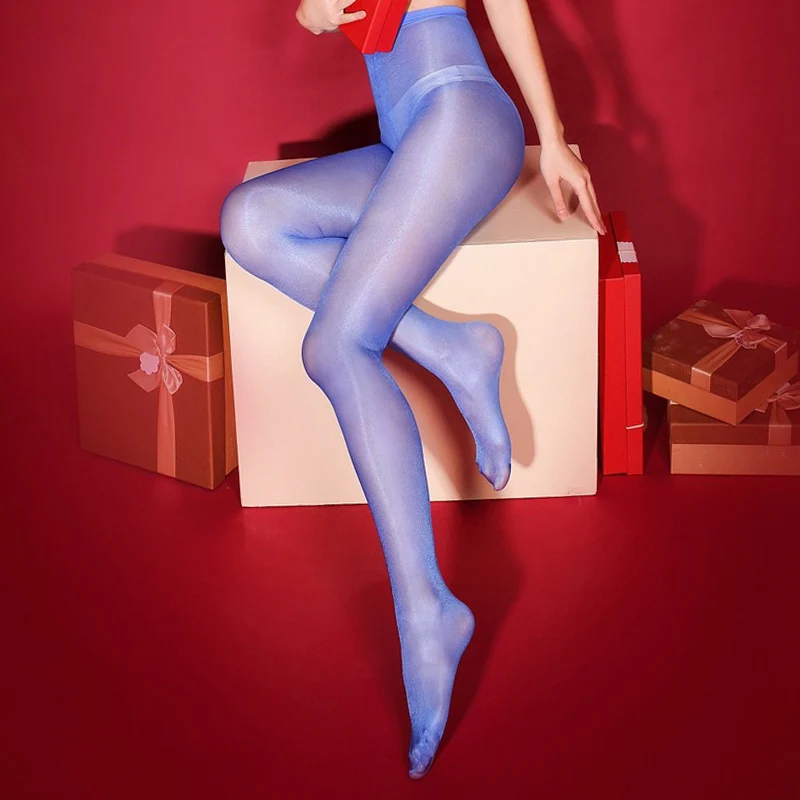 Неоновые цветные сексуальные колготки масляные женские колготки 30D с высокой талией блестящие колготки с открытой промежностью блестящие чулки женские - Цвет: Синий