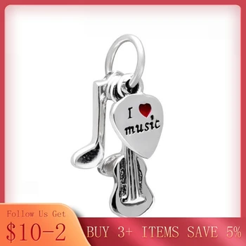 

CODEDOG 100% Real 925 Sterling Silver I Love Music Guitar Charms Beads Fit Original Bracelet Making Pendant Jewelry CMS121