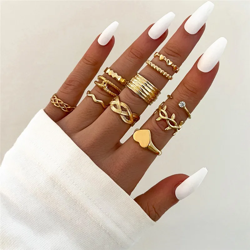 VAGZEB Bohemian Gold Color Rings Set For Women Fashion Boho Hollow Heart Geometry Party Trend Jewelry Gift | Украшения и