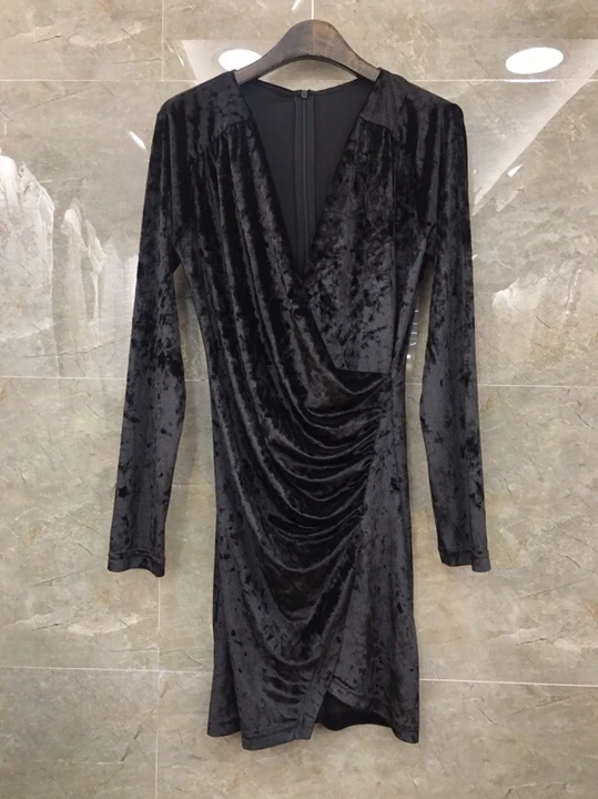 100%Velvet Dress Autumn Winter Sexy Party Green Black Golden Dress Women Deep V-Neck Ruffle Sexy Casual Club Dress Ladies