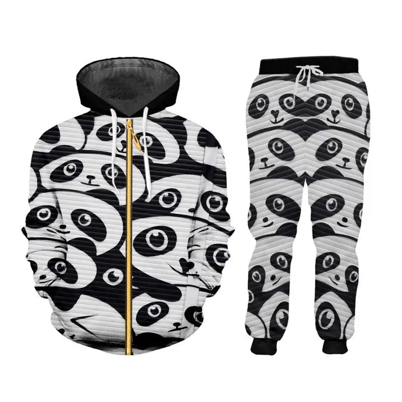 

Cute Panda Men Hoodies Pants Set Funny 3d Animal Full Print Zip Hoodie Joggers Pants Tracksuit Custom Unisex Brand Clothes S-6XL