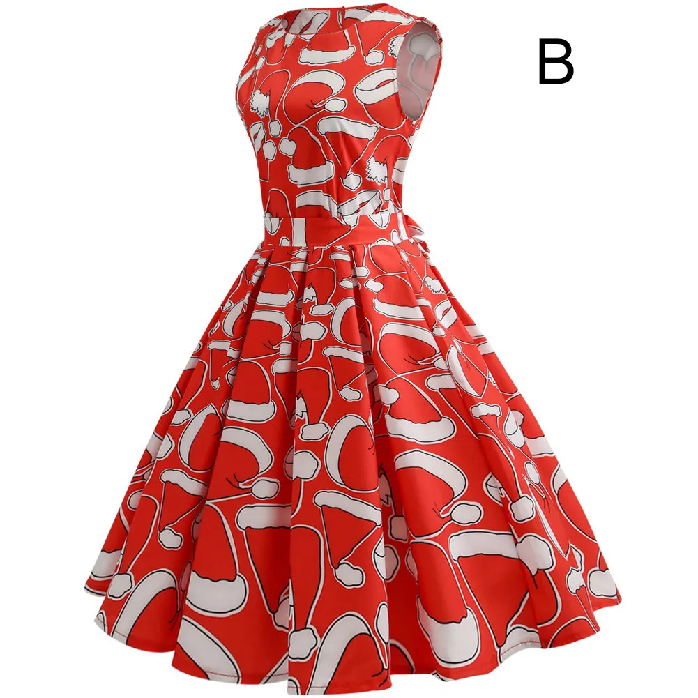 Для женщин рождественское платье с принтом с круглым вырезом, без рукавов, Винтаж и развевающейся юбкой платье Для женщин Винтаж халат качели соблазнительное элегантное праздничное платье