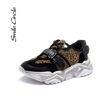 

Smile Circle Women Wedge Sneakers Flat Platform shoes Leopard Genuine Leather Thick bottom casual Ladies sneaker
