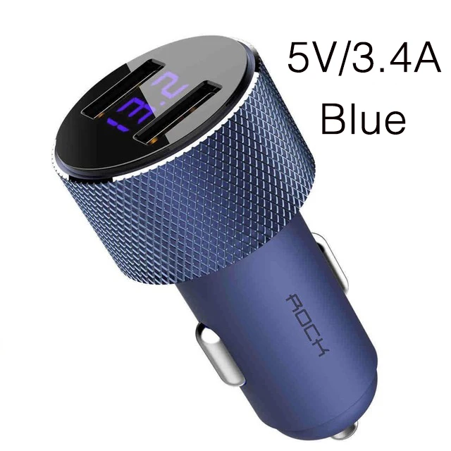 Blue 3.4A ROCK Mini Dual USB Автомобильное зарядное устройство светодиодный дисплей Универсальный 3.4A мобильный телефон планшет быстрая зарядка Usb зарядное устройство для автомобиля 2 Usb адаптер - Тип штекера: Blue 3.4A