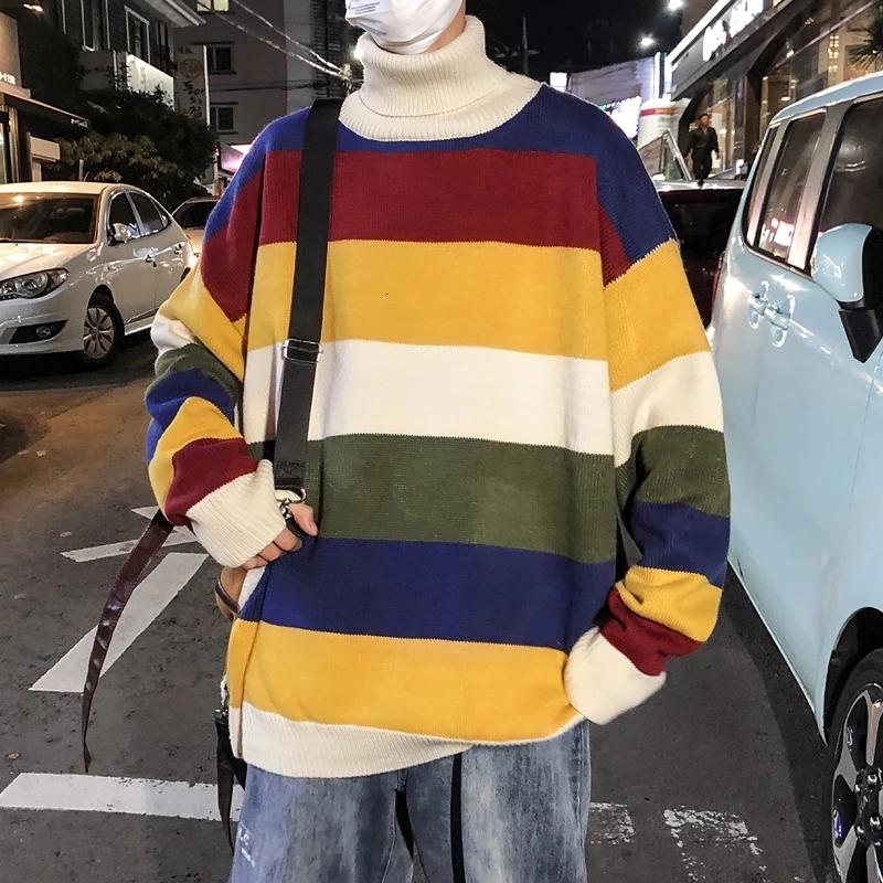 

Winter Thick High Collar Sweater Men's Warm Fashion Casual Striped Knit Pullover Man Wild Loose Long Sleeve Sweater Male