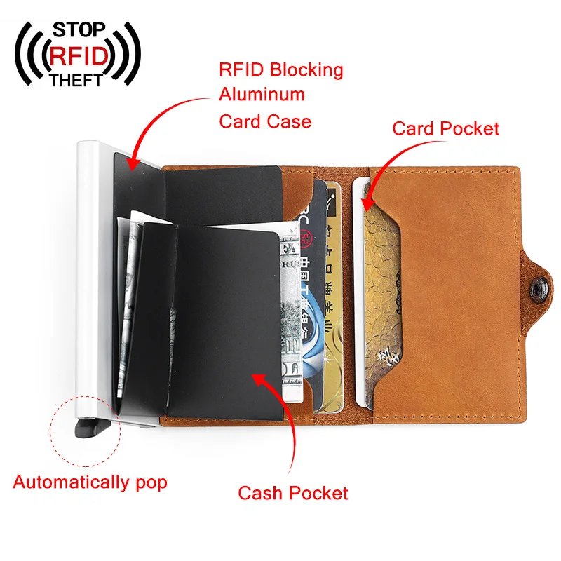 Мужской держатель для кредитных карт из натуральной кожи, с застежкой, RFID, для женщин, с держателем для удостоверения личности, блокирующий мужской кошелек для карт, бизнес, автоматический кошелек