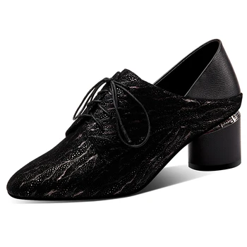 

Women's genuine suede leather thick high heel lace-up OL style comfortable pumps elegant ladies autumn dress heeled shoes 34-42